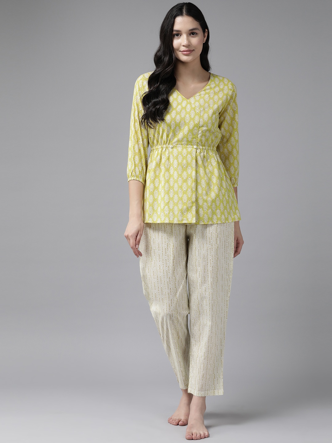 

Prakrti Women Printed Cotton Night suit, Lime green