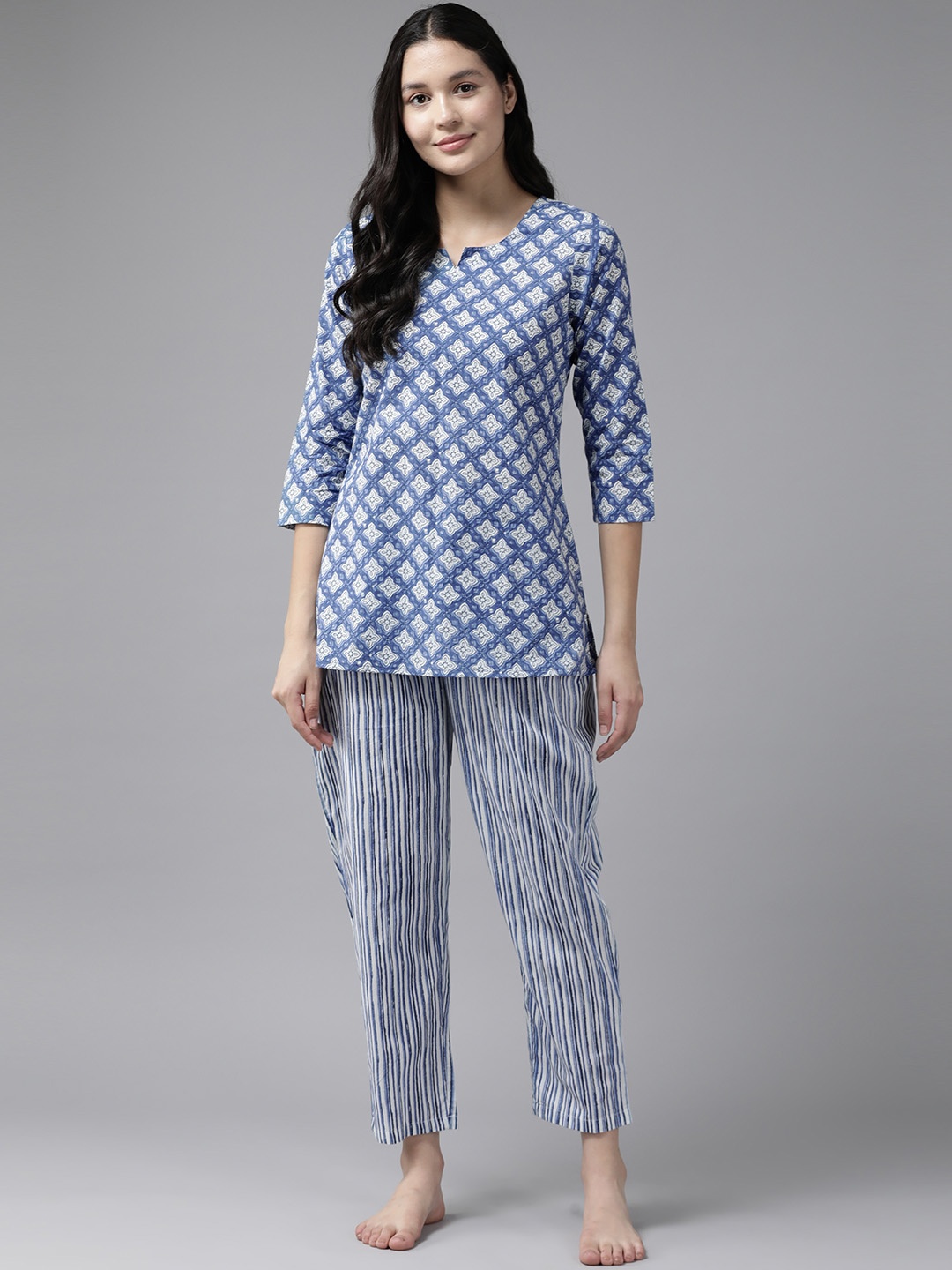 

Prakrti Women Printed Cotton Night suit, Blue