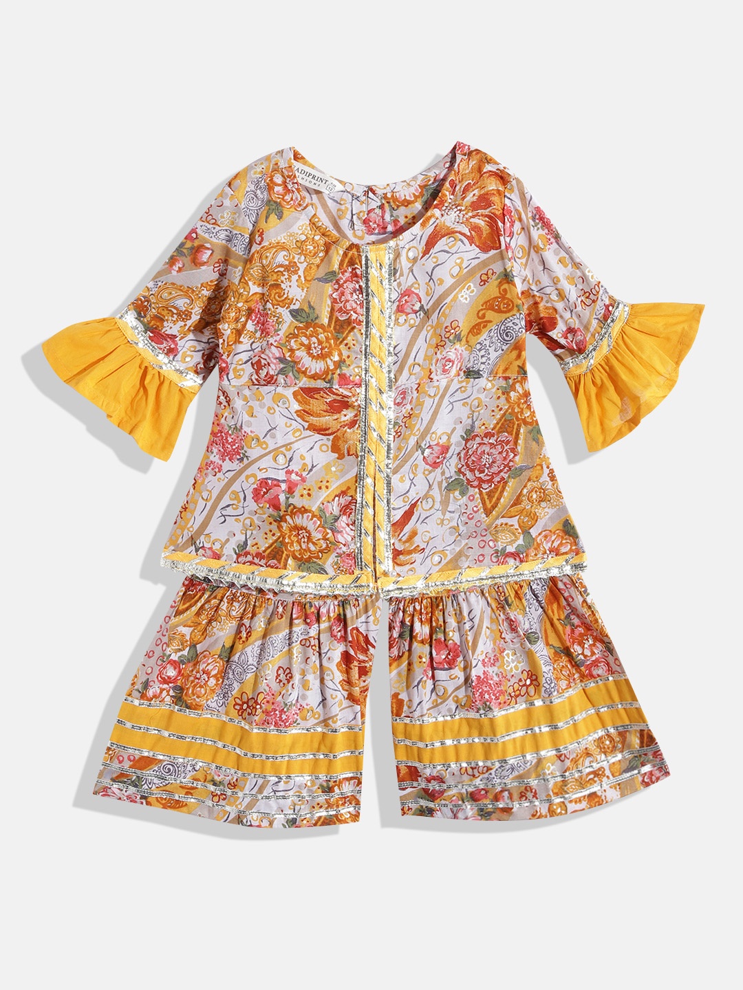 

Readiprint Floral Printed Empire Gotta Patti Pure Cotton Kurta With Sharara, Mustard
