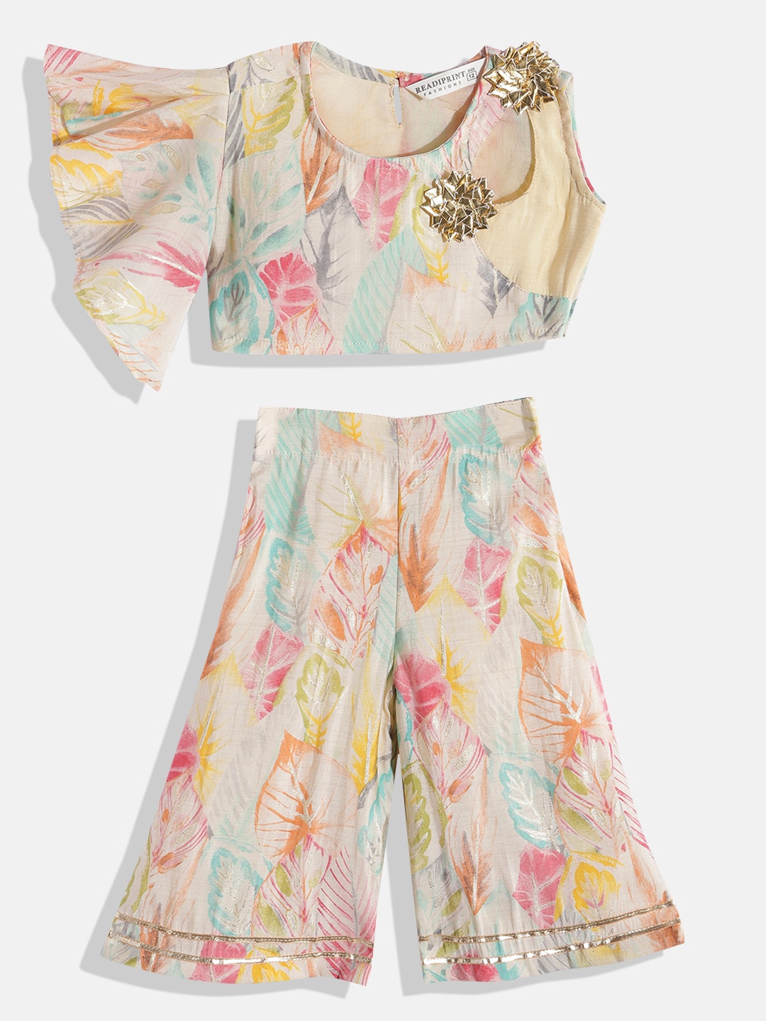 

Readiprint Girls Floral Printed Gotta Patti Top With Palazzos, Cream
