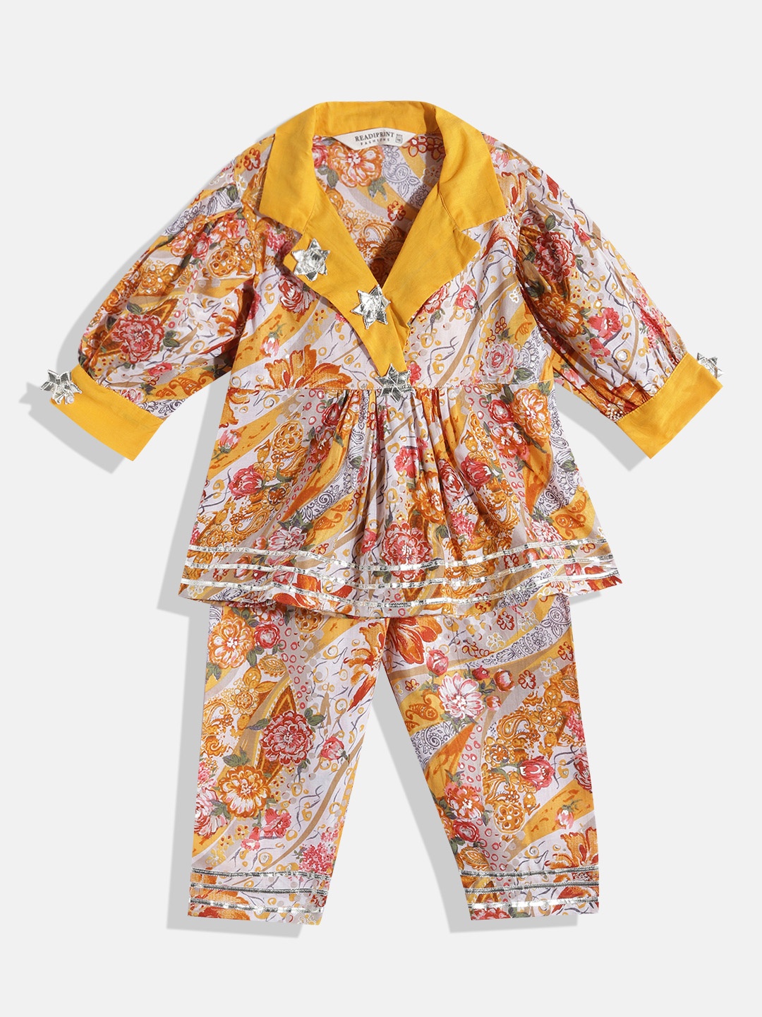 

Readiprint Girls Floral Empire Gotta Patti Pure Cotton Kurta With Trousers, Mustard