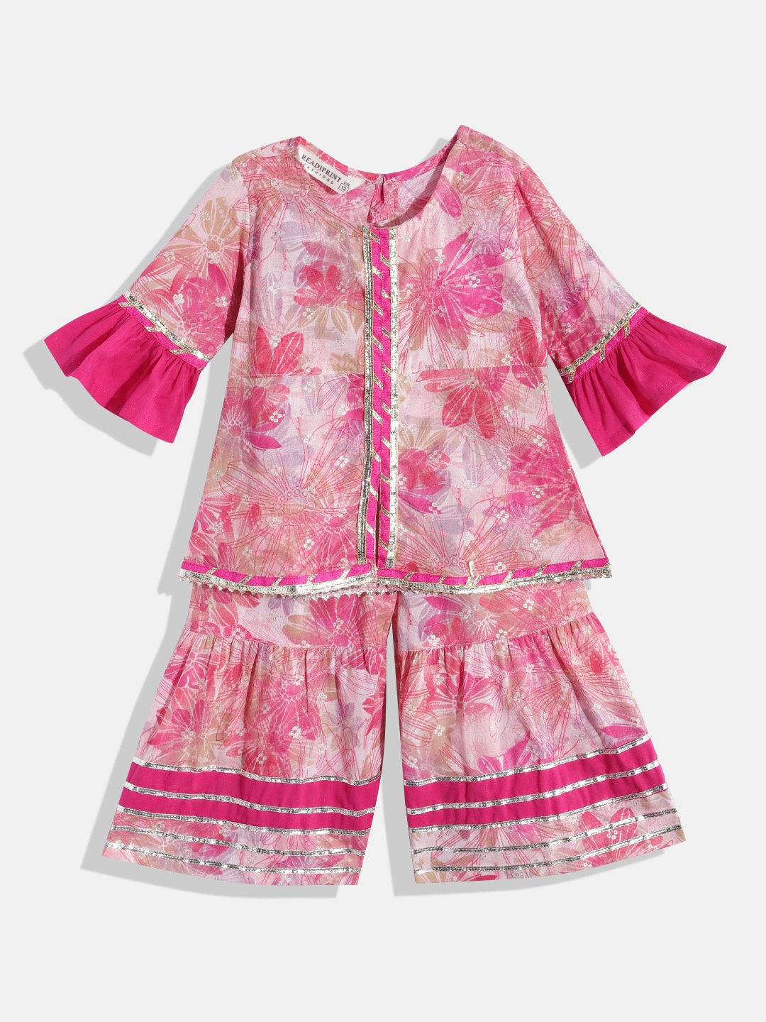 

Readiprint Fashions Girls Floral Printed Empire Gotta Patti Pure Cotton Kurta With Sharara, Pink