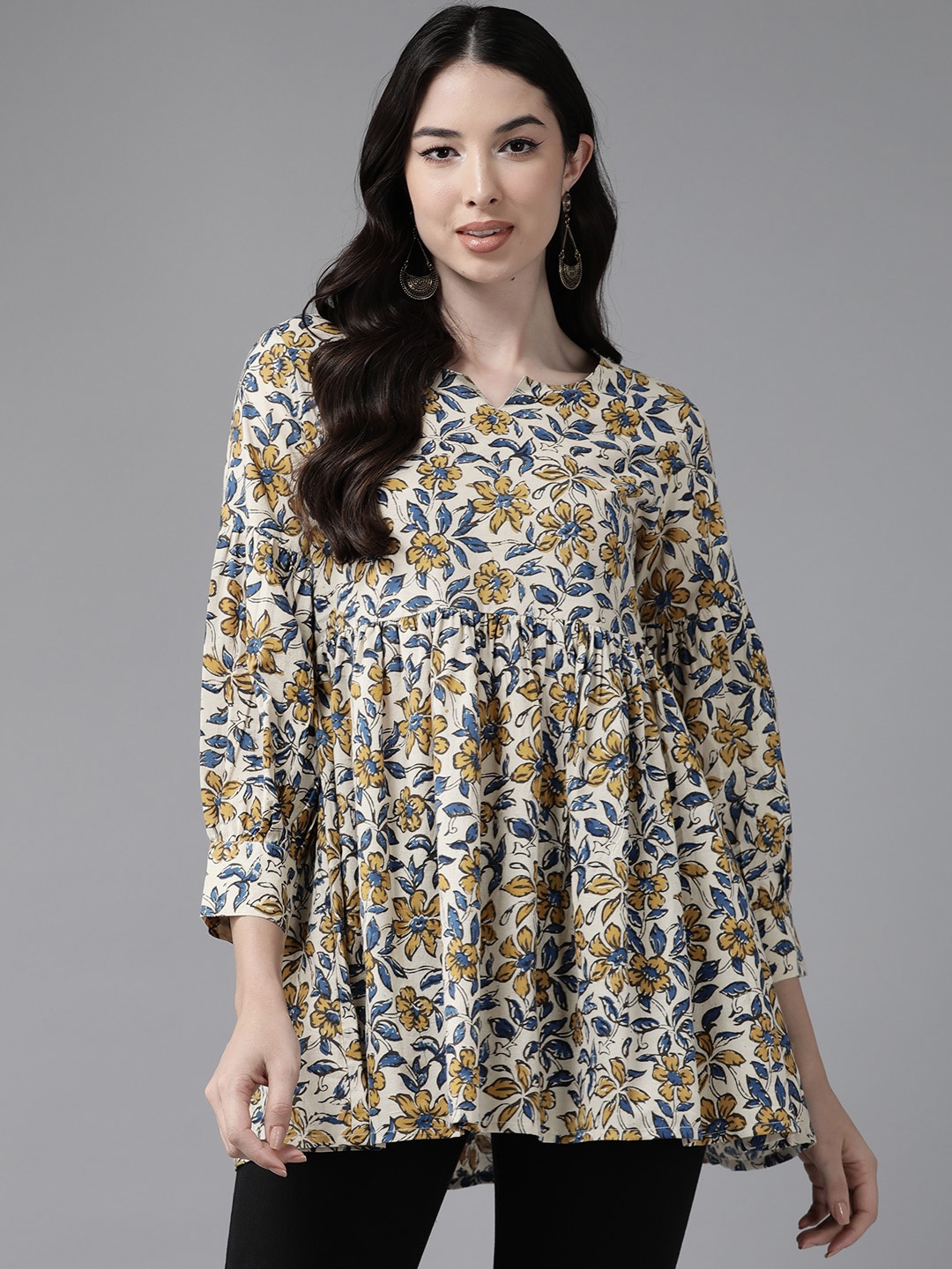 

Prakrti Floral Printed Pure Cotton Pleated Kurti, Off white