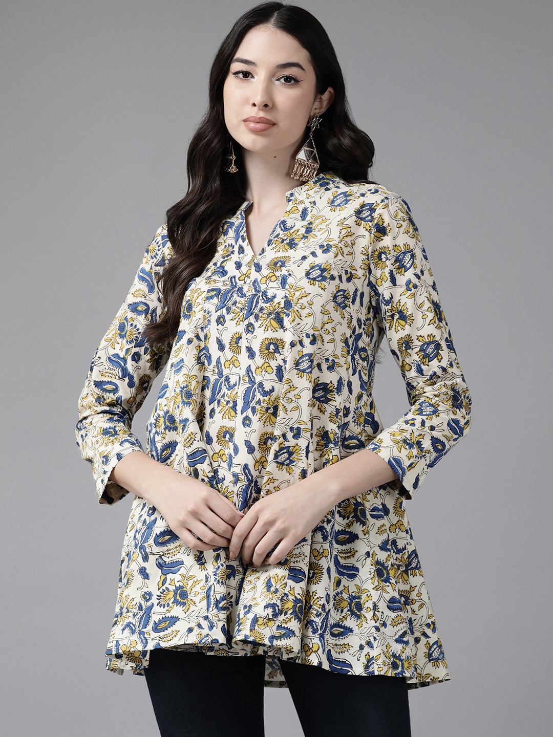 

Prakrti Floral Printed Pure Cotton Pleated Kurti, Off white