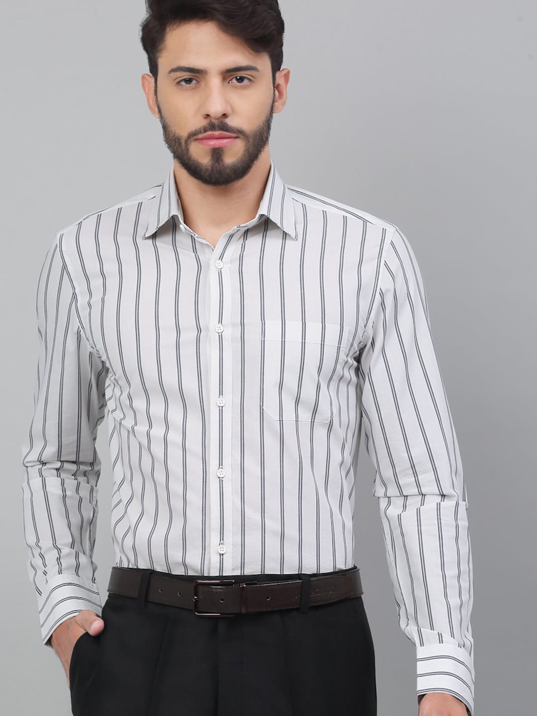 

LOUIS STITCH Comfort Striped Formal Pure Cotton Shirt, White