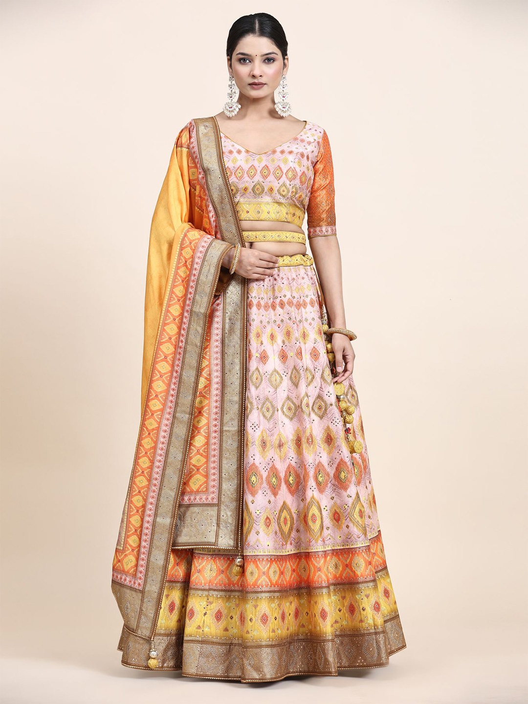 

Phenav Printed Embellsihed Ready to Wear Lehenga Choli With Dupatta, Peach