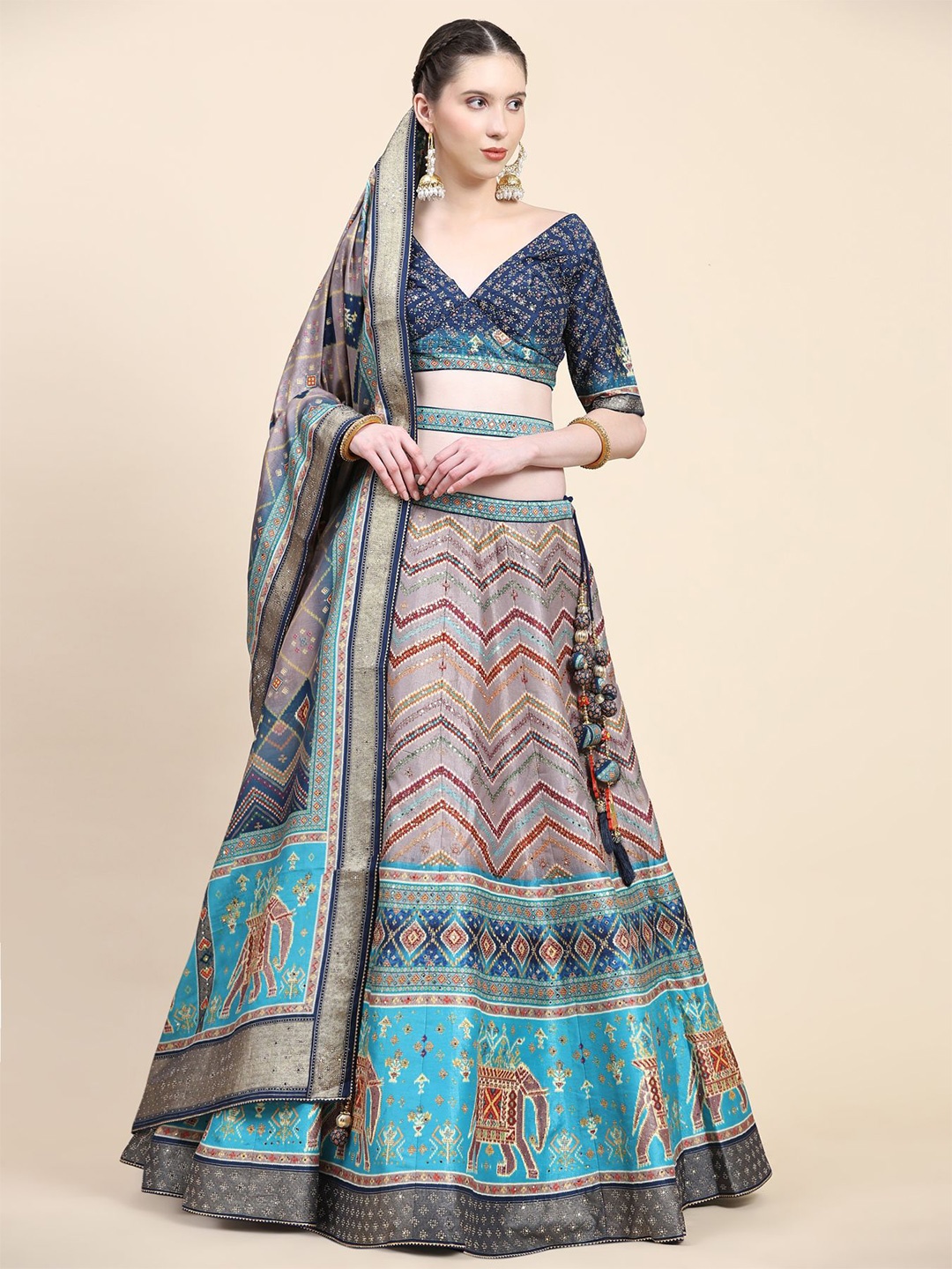 

Phenav Embroidered Khari Printed Ready to Wear Lehenga & Blouse With Dupatta, Navy blue