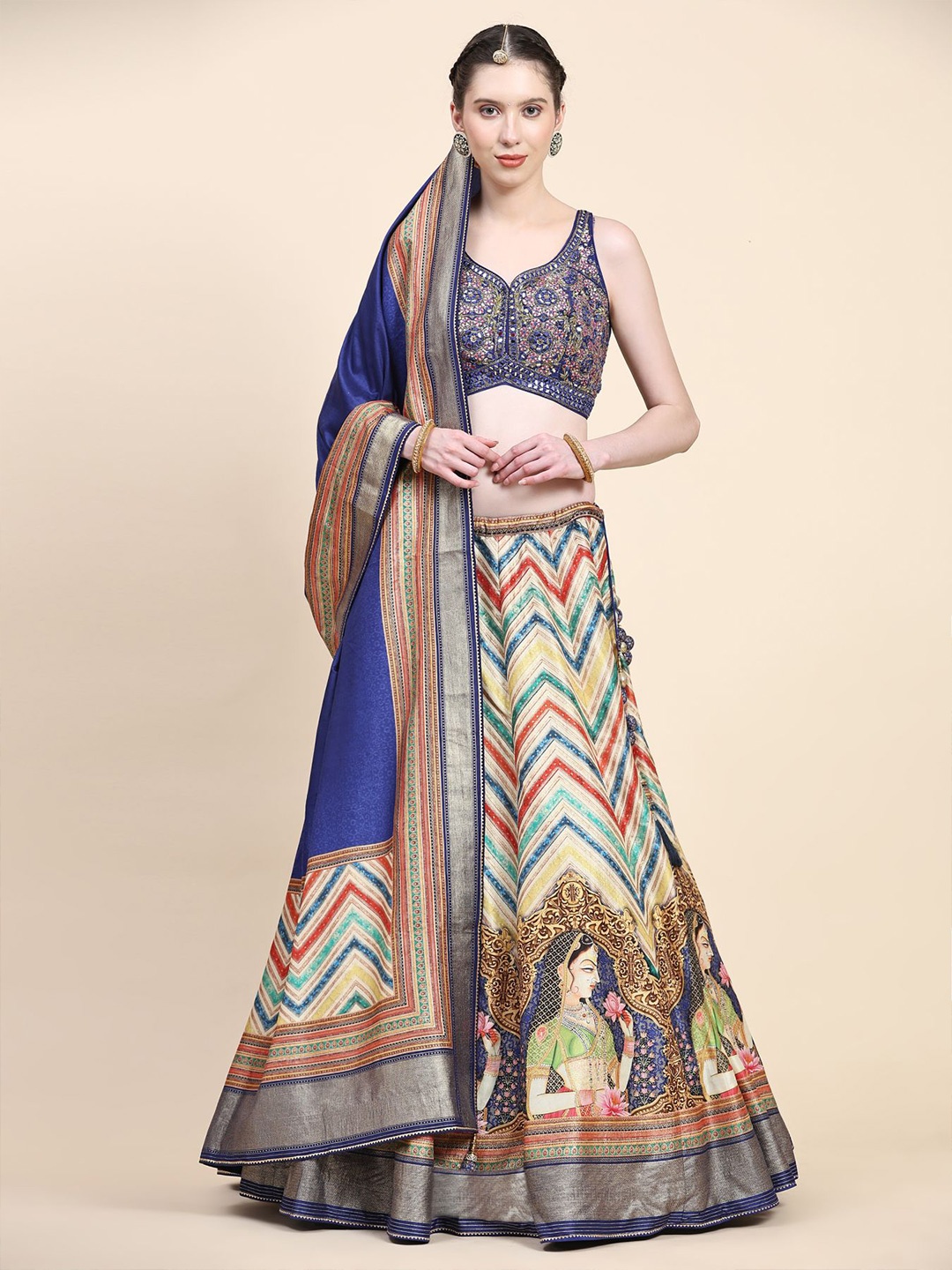

Phenav Embroidered Ready to Wear Lehenga & Blouse With Dupatta, Navy blue
