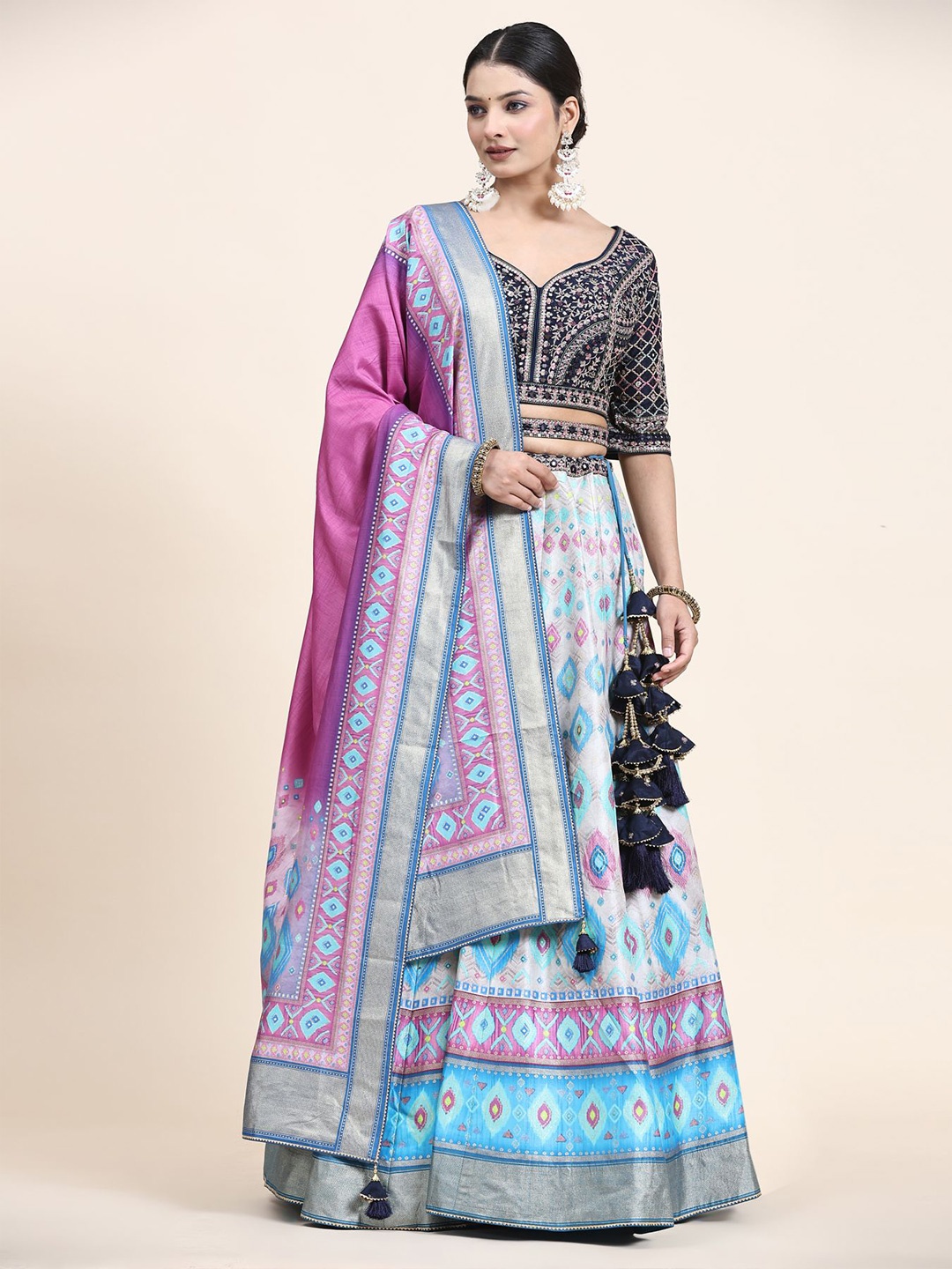 

Phenav Embroidered Thread Work Ready to Wear Lehenga & Blouse With Dupatta, Blue