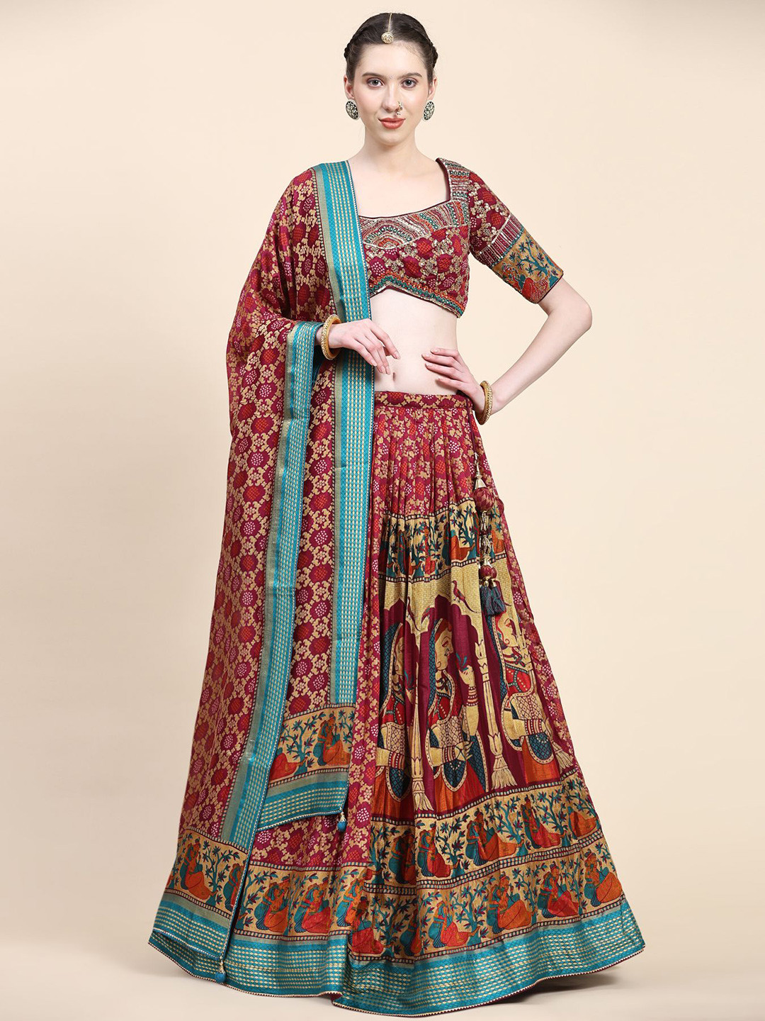 

Phenav Embroidered Kalamkari Ready to Wear Lehenga & Blouse With Dupatta, Red
