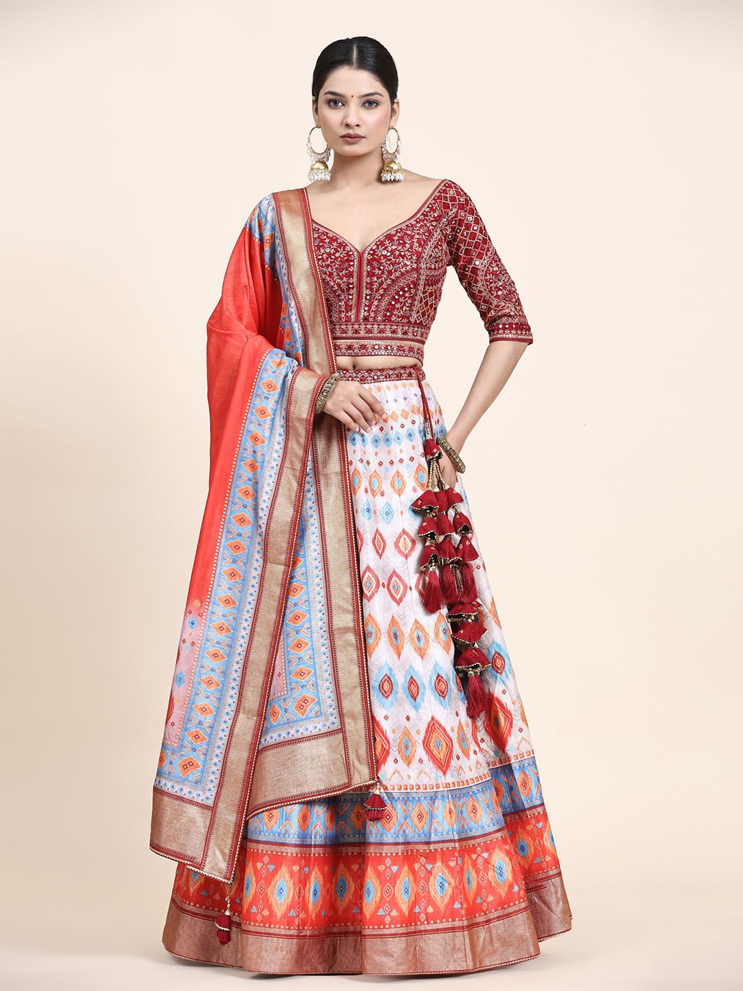 

Phenav Embroidered Thread Work Ready to Wear Lehenga & Blouse With Dupatta, Red