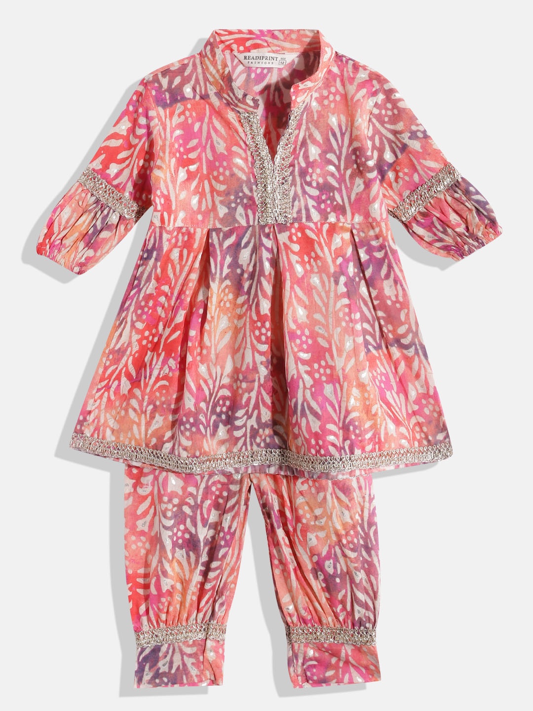 

Readiprint Girls Floral Printed Pleated Pure Cotton Kurti With Trousers, Orange