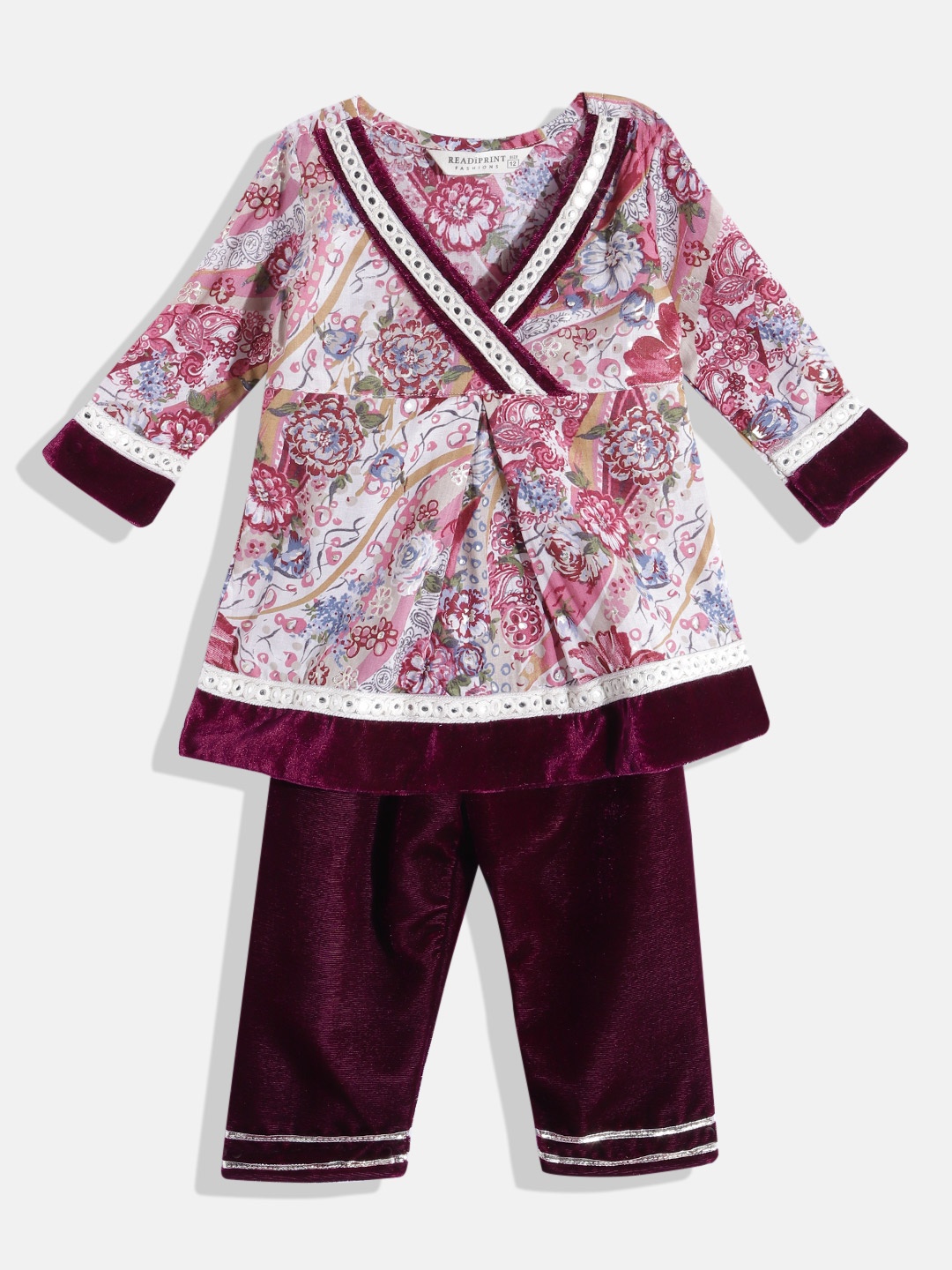 

Readiprint Girls Floral Pleated Mirror Work Pure Cotton Kurti With Trousers, Violet