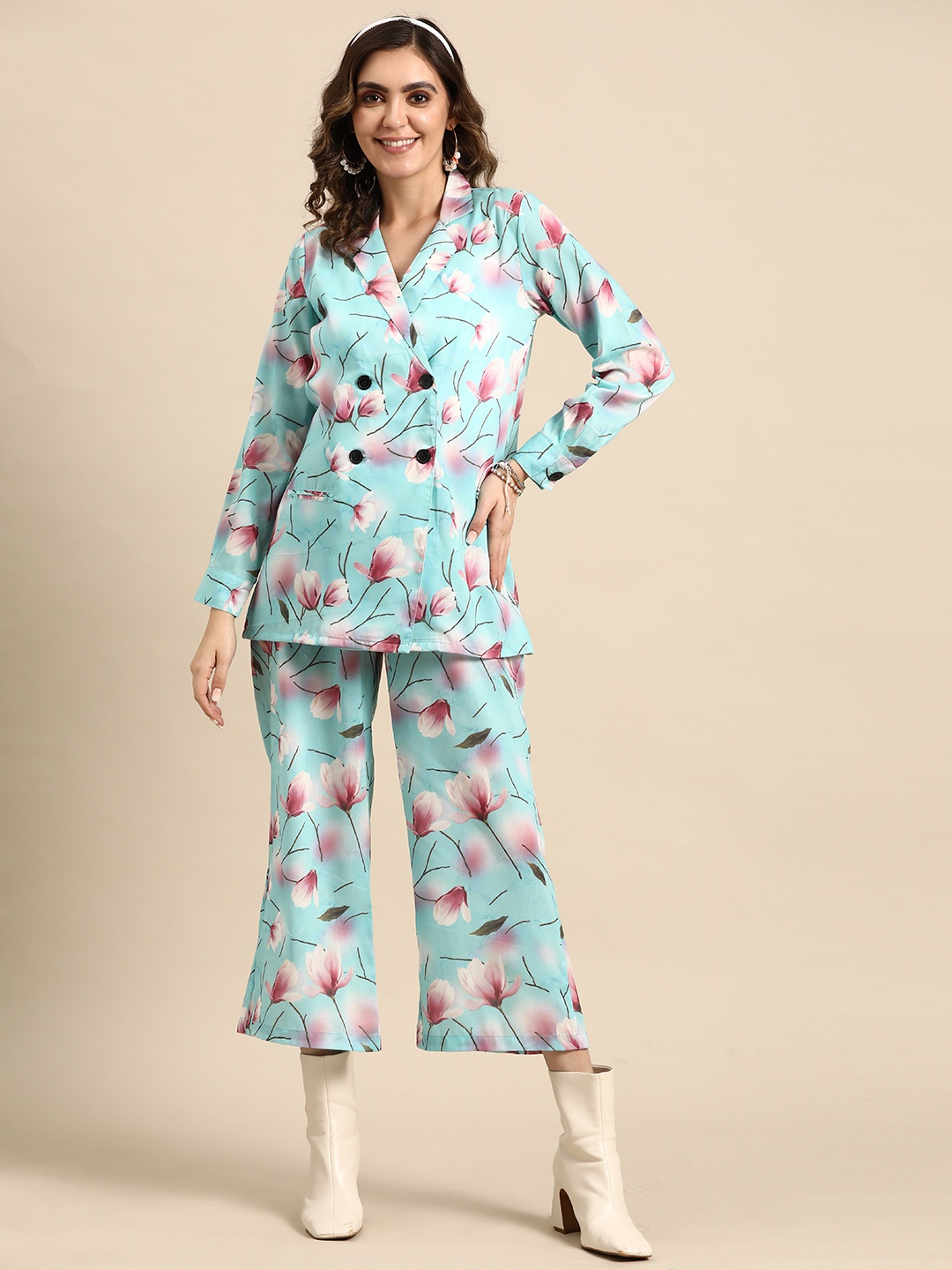 

Sangria Women Floral Printed Co-Ords, Turquoise blue