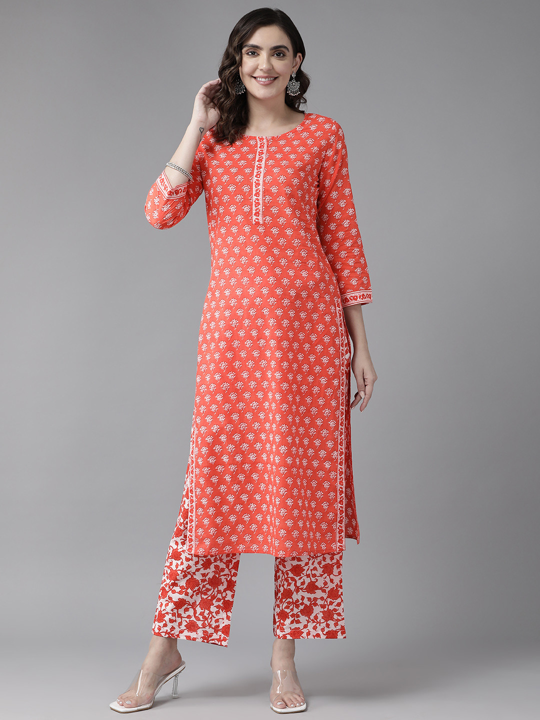 

Prakrti Floral Printed Regular Sequinned Pure Cotton Kurta with Palazzos, Orange