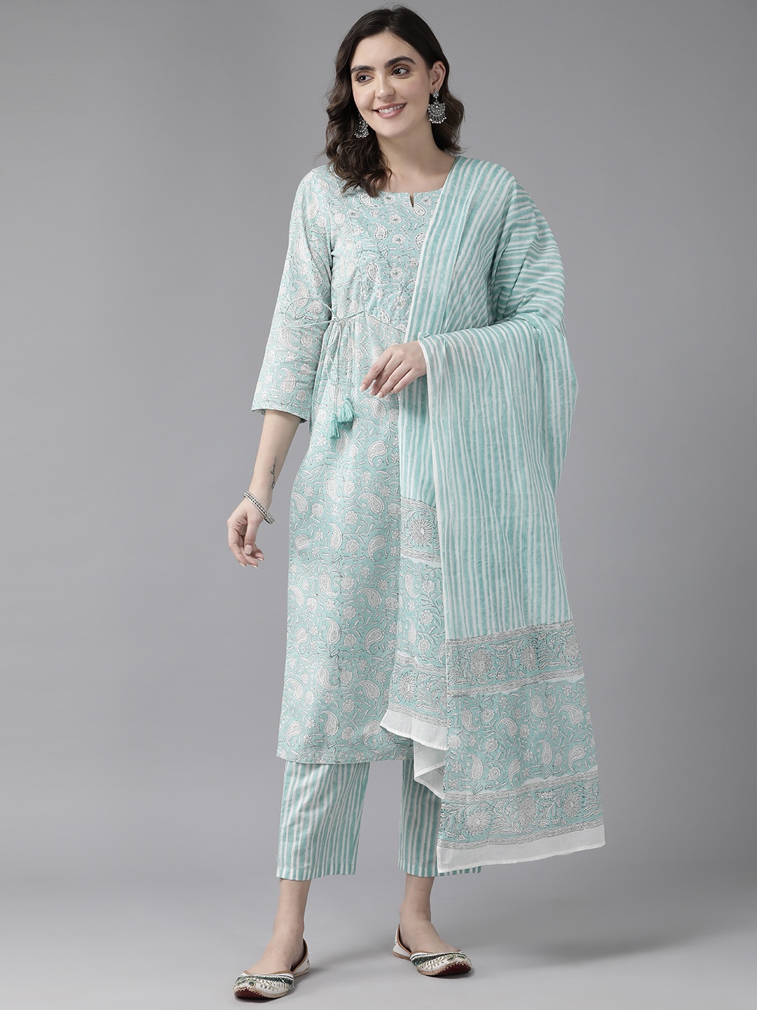 

Prakrti Paisley Jaal Printed Regular Sequinned Pure Cotton Kurta with Trousers & Dupatta, Sea green