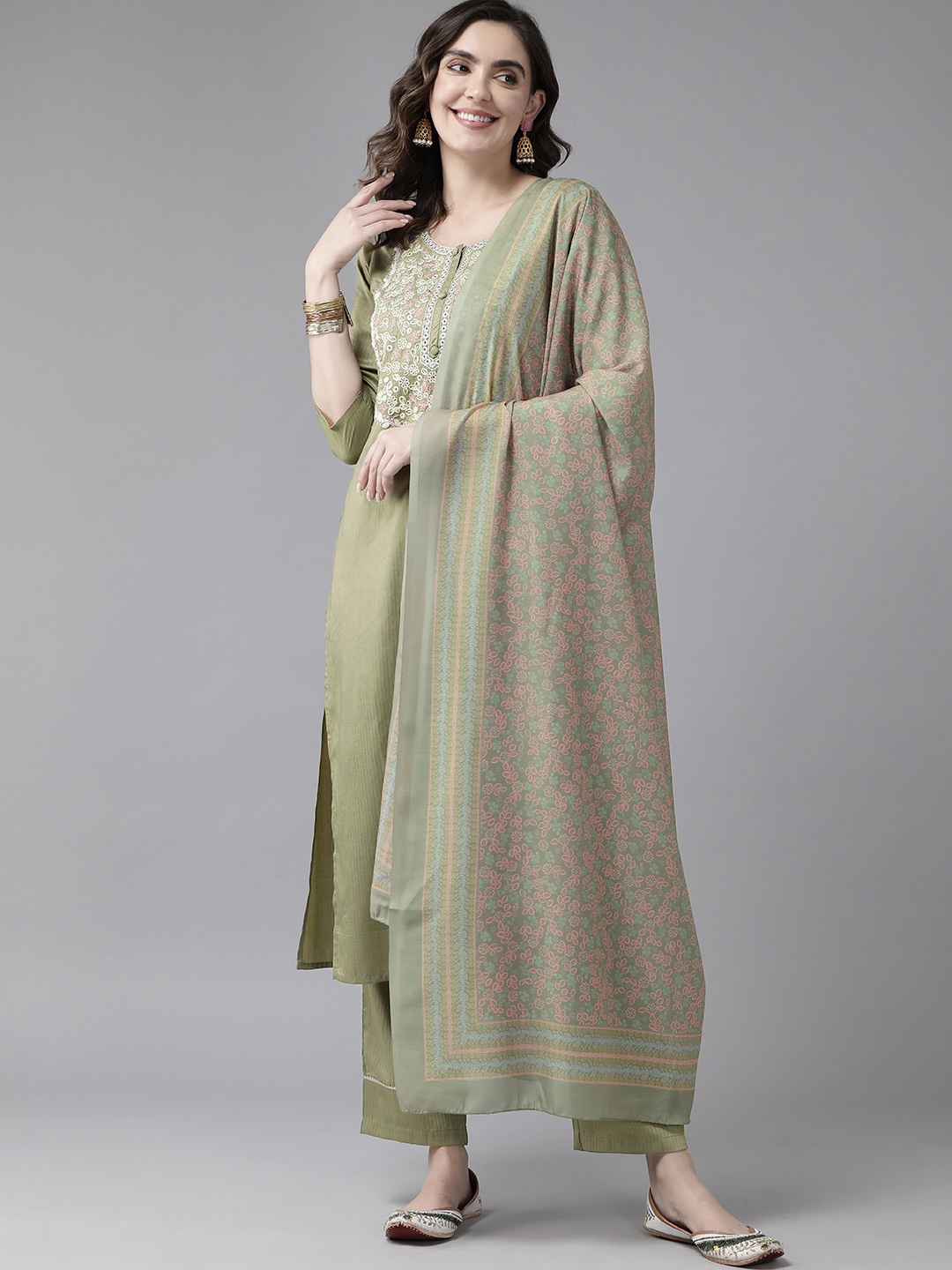 

Prakrti Floral Printed Regular Mirror Work Kurta with Trousers & Dupatta, Olive