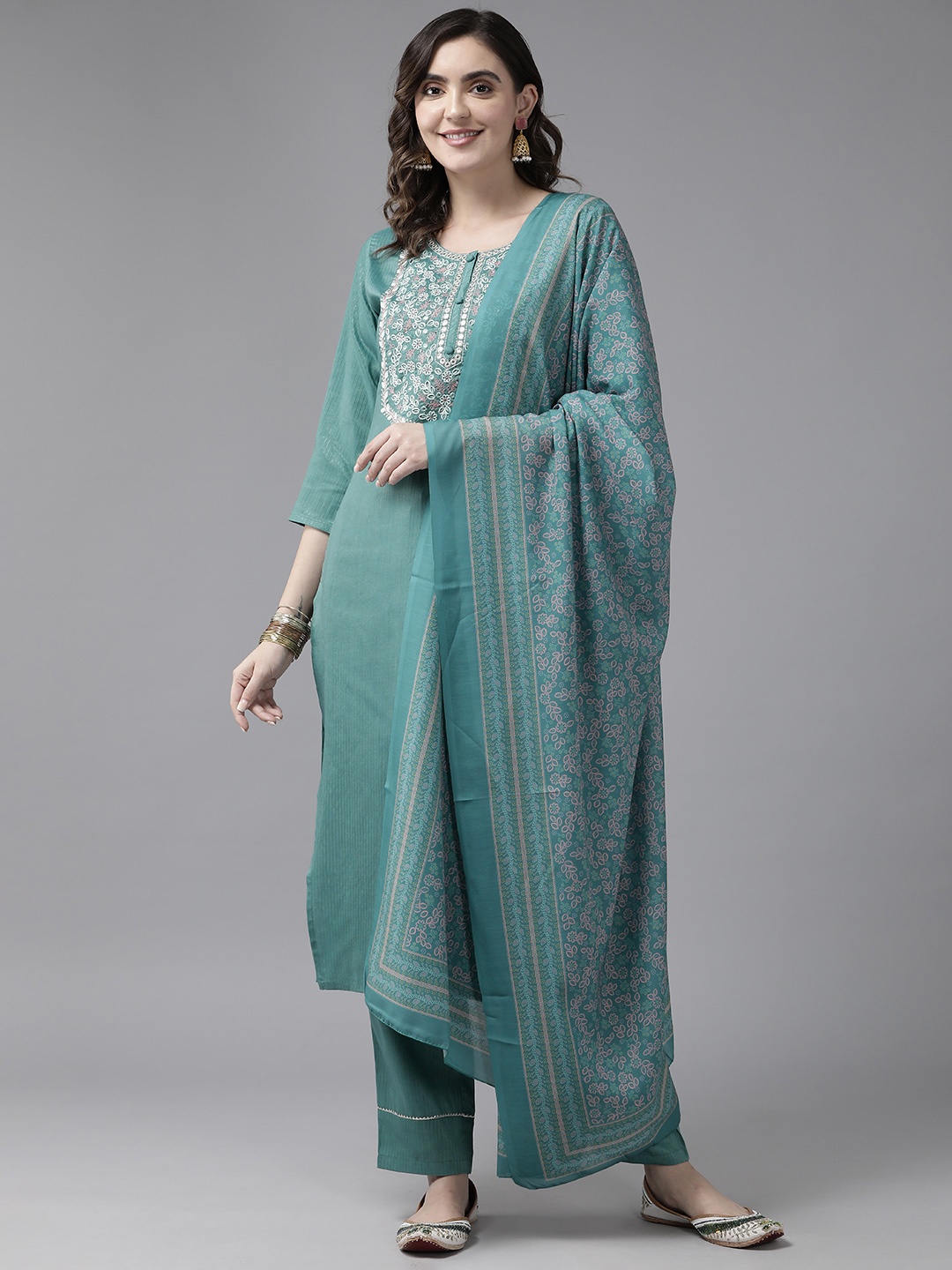 

Prakrti Women Floral Embroidered Regular Mirror Work Kurta with Trousers & With Dupatta, Green