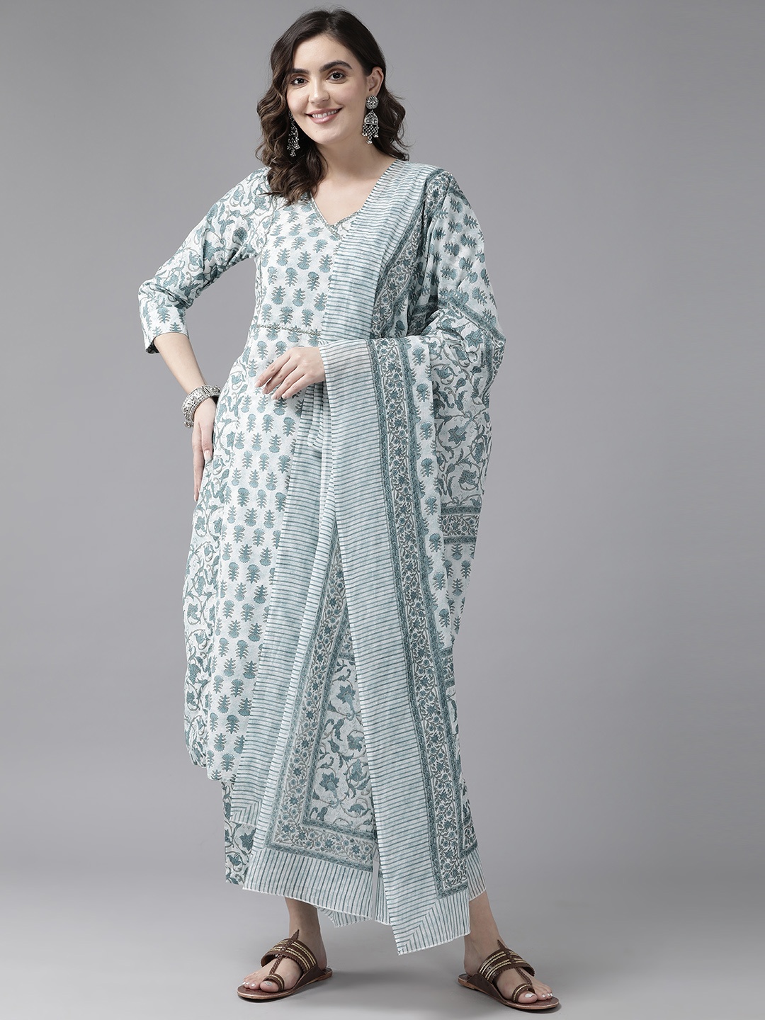 

Prakrti Women Floral Printed Thread Work Pure Cotton Kurta with Trousers & With Dupatta, Off white