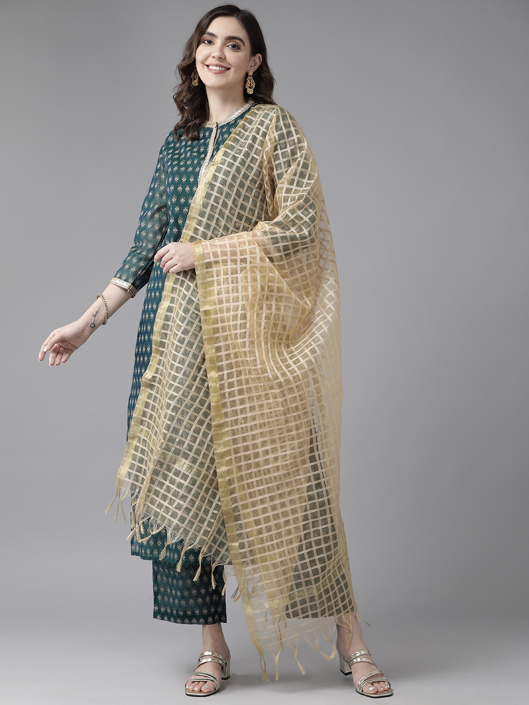 

Prakrti Women Ethnic Motifs Printed Chanderi Silk Kurta with Palazzos & With Dupatta, Teal