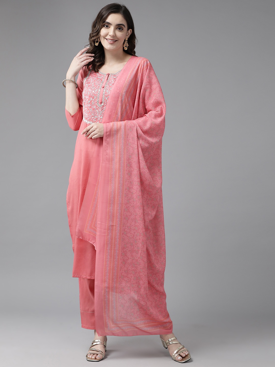 

Prakrti Women Floral Embroidered Regular Mirror Work Kurta with Trousers & With Dupatta, Coral