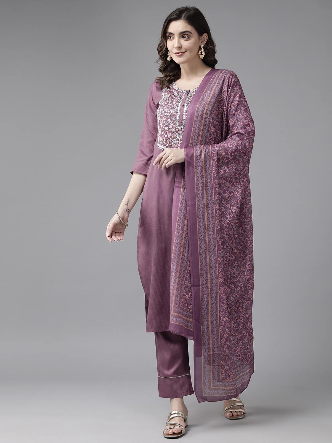 

Prakrti Women Floral Embroidered Regular Mirror Work Kurta with Trousers & With Dupatta, Mauve