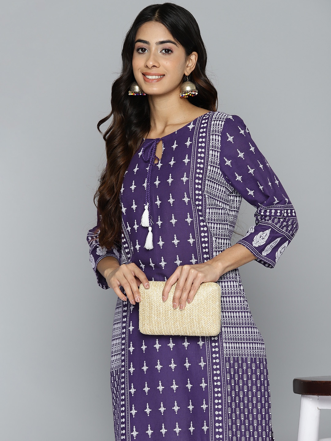 

HERE&NOW Women Ethnic Motifs Printed Cotton Kurta, Purple