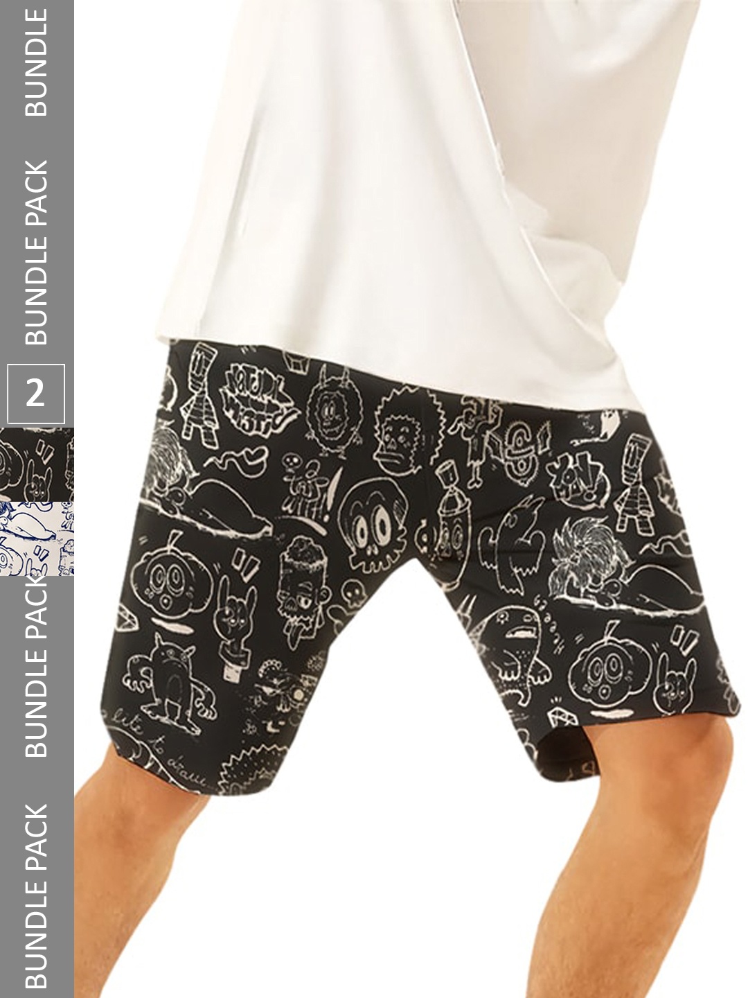 

BLIVE Men Pack Of 2 Conversational Printed Mid-Rise Cotton Shorts, White