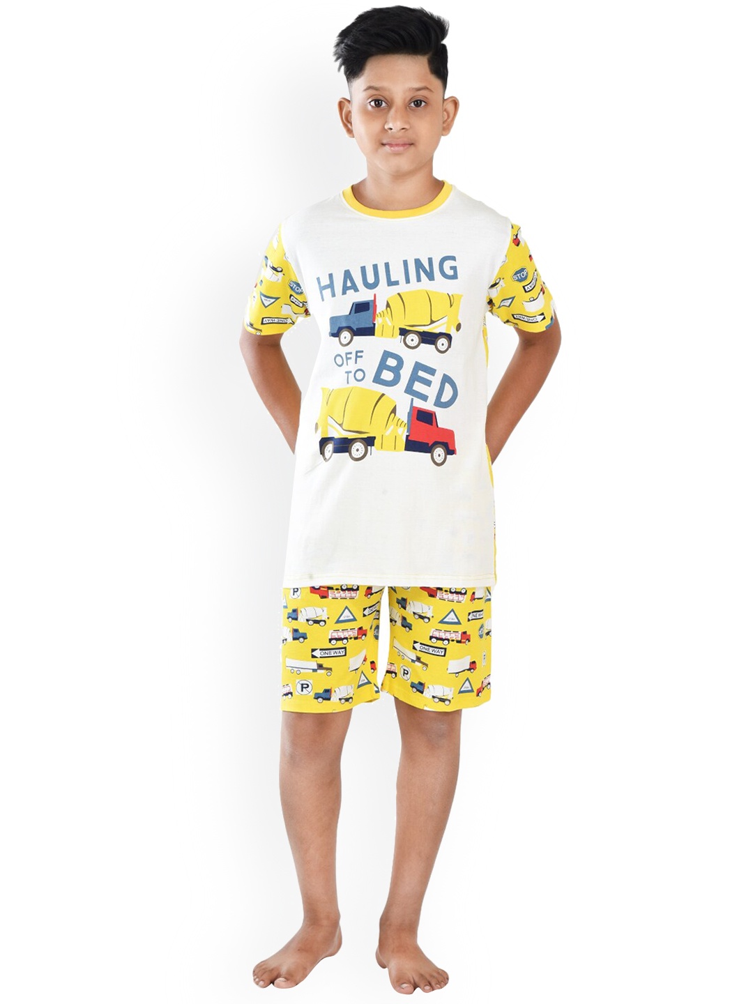 

Clothe Funn Boys Graphic Printed Pure Cotton Night Suit, Yellow