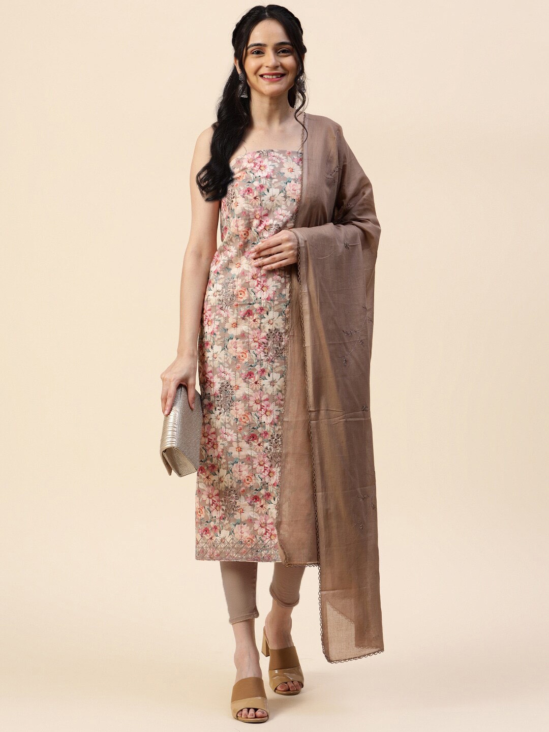 

Meena Bazaar Floral Printed Unstitched Dress Material, Brown