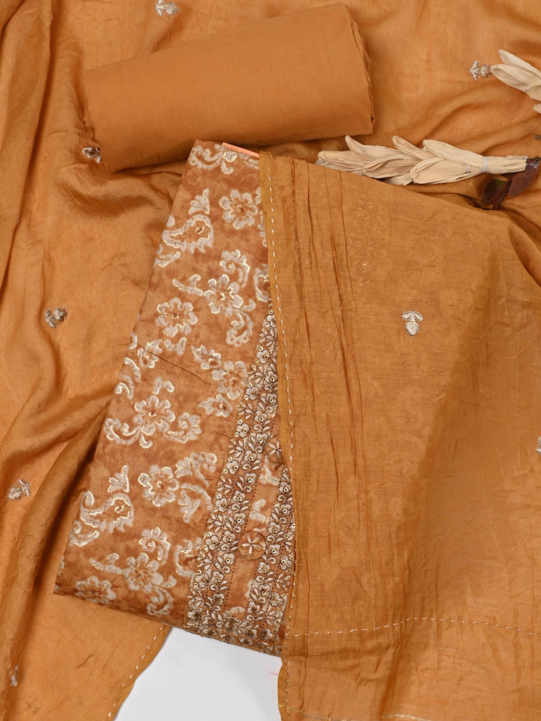 

Meena Bazaar Printed Unstitched Dress Material, Rust