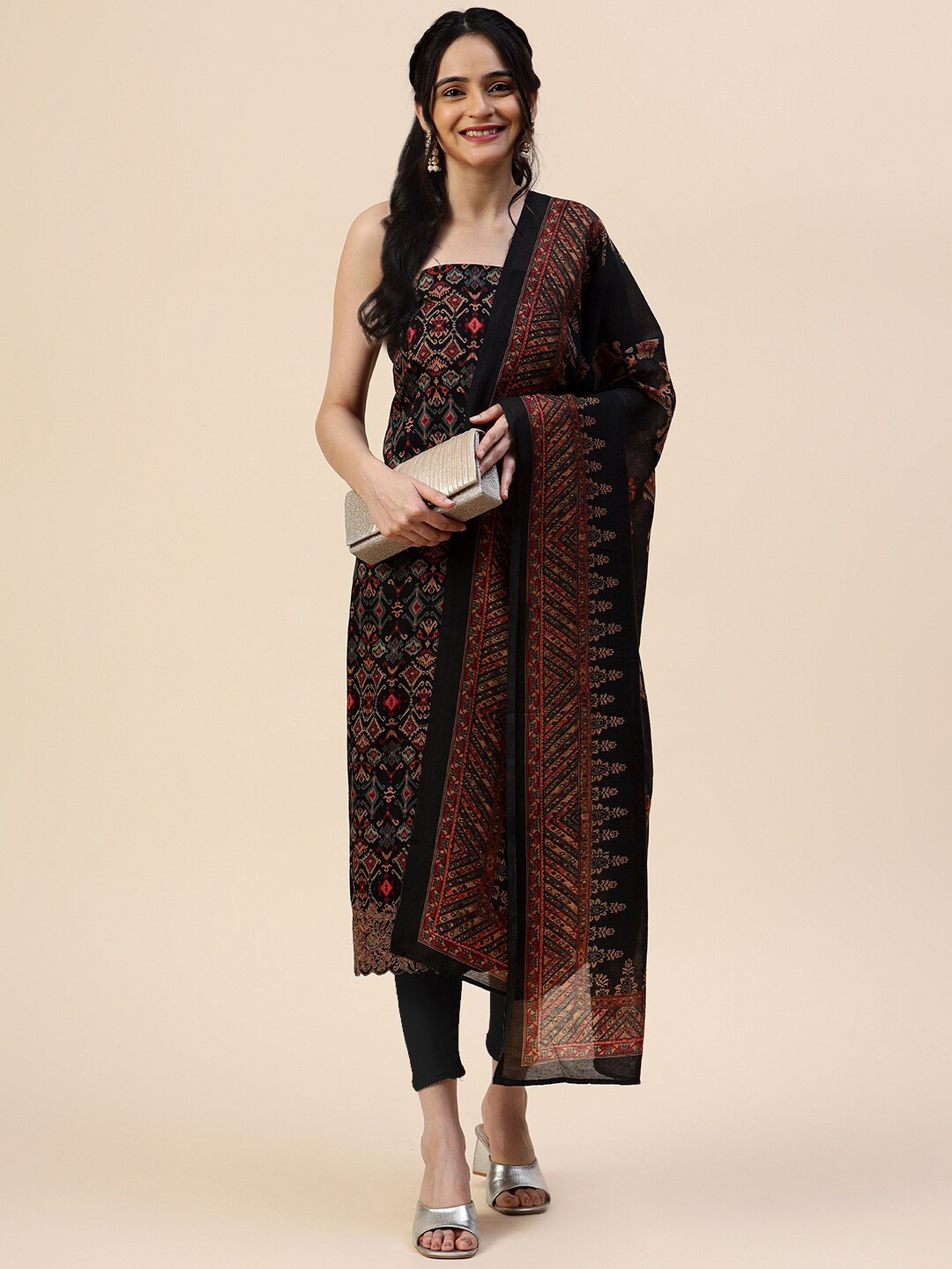 

Meena Bazaar Ethnic Motifs Printed Unstitched Dress Material, Black