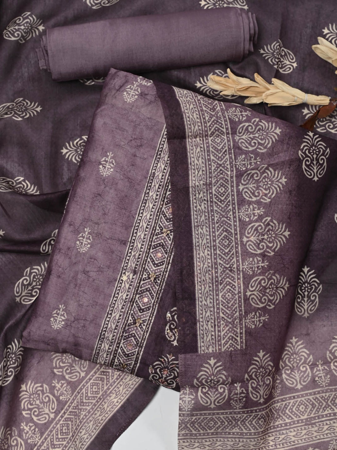 

Meena Bazaar Ethnic Motifs Printed Unstitched Dress Material, Purple
