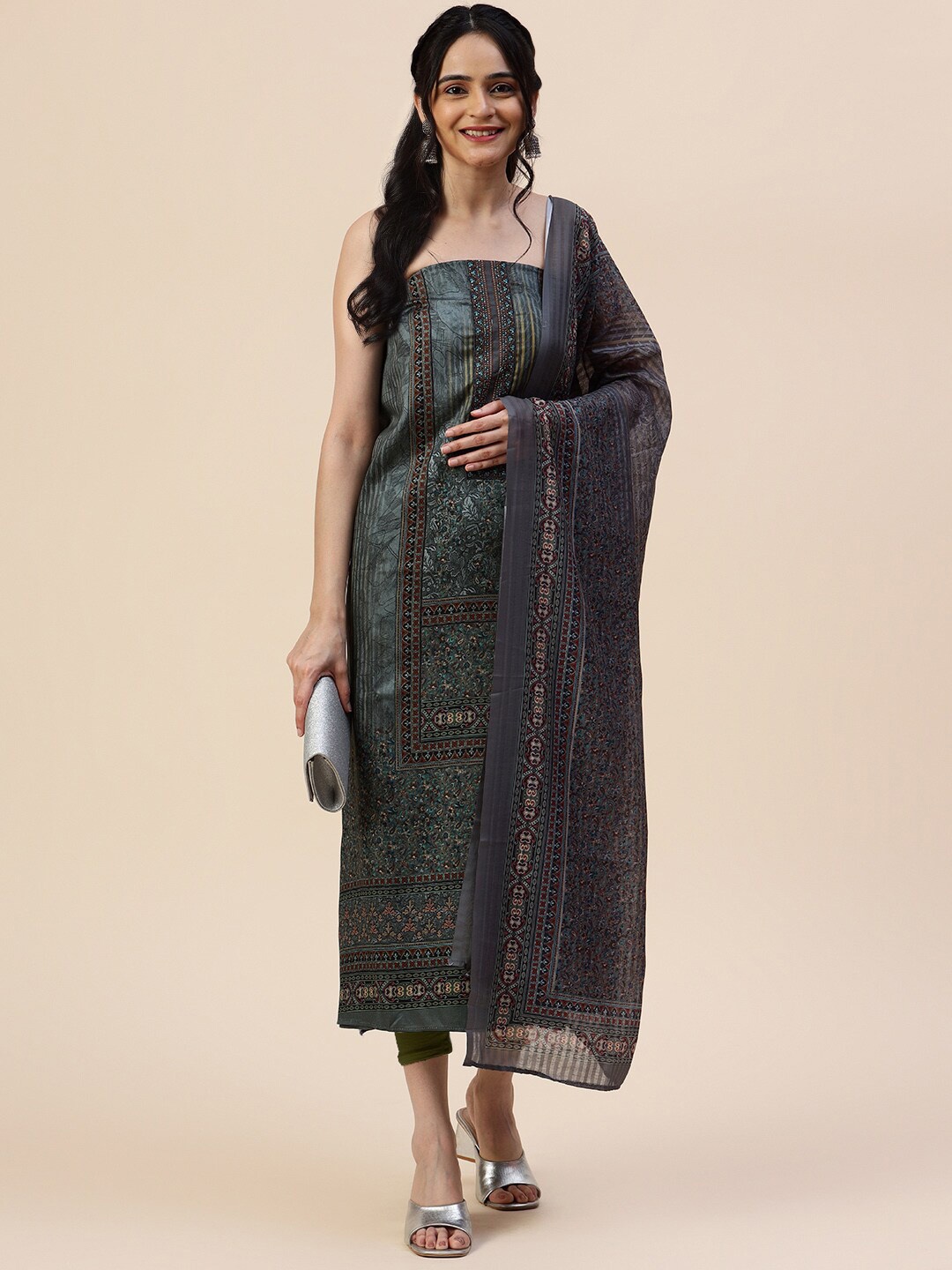 

Meena Bazaar Printed Unstitched Dress Material, Grey
