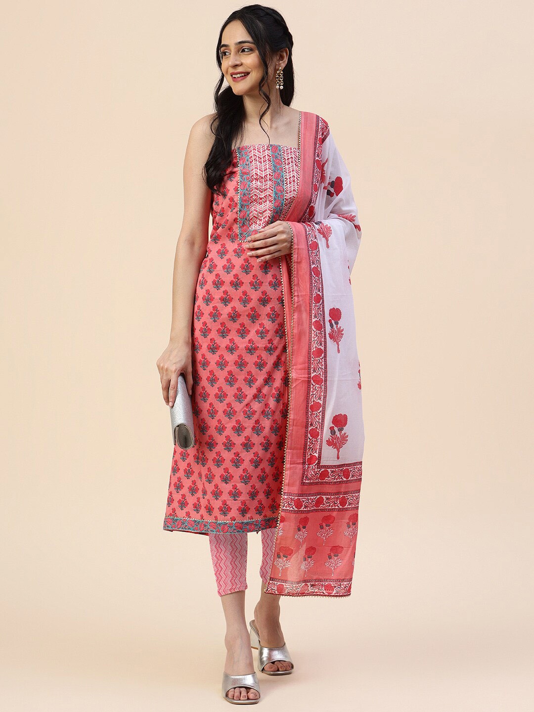 

Meena Bazaar Floral Printed Unstitched Dress Material, Coral