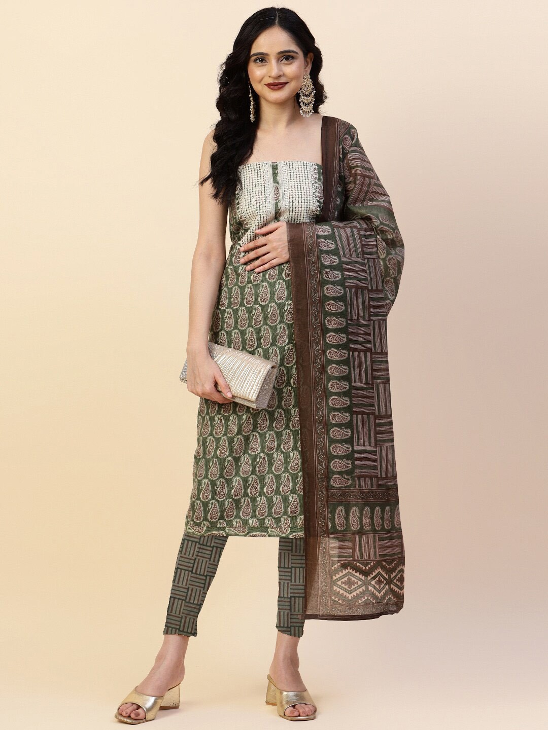 

Meena Bazaar Paisley Printed Unstitched Dress Material, Green