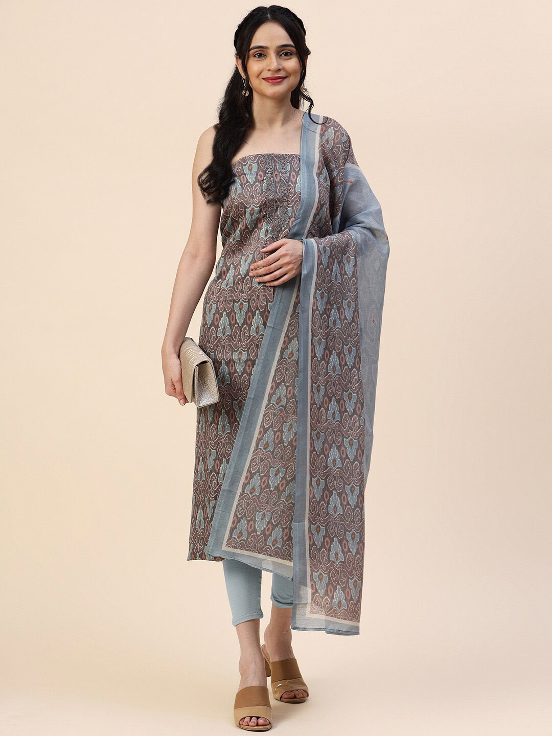 

Meena Bazaar Printed Unstitched Dress Material, Brown