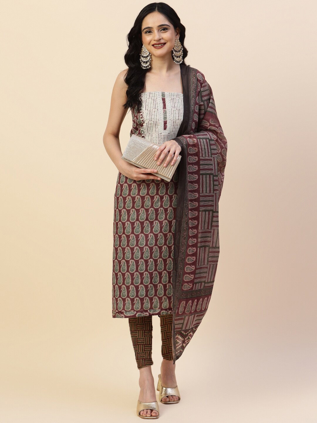 

Meena Bazaar Printed Unstitched Dress Material, Maroon