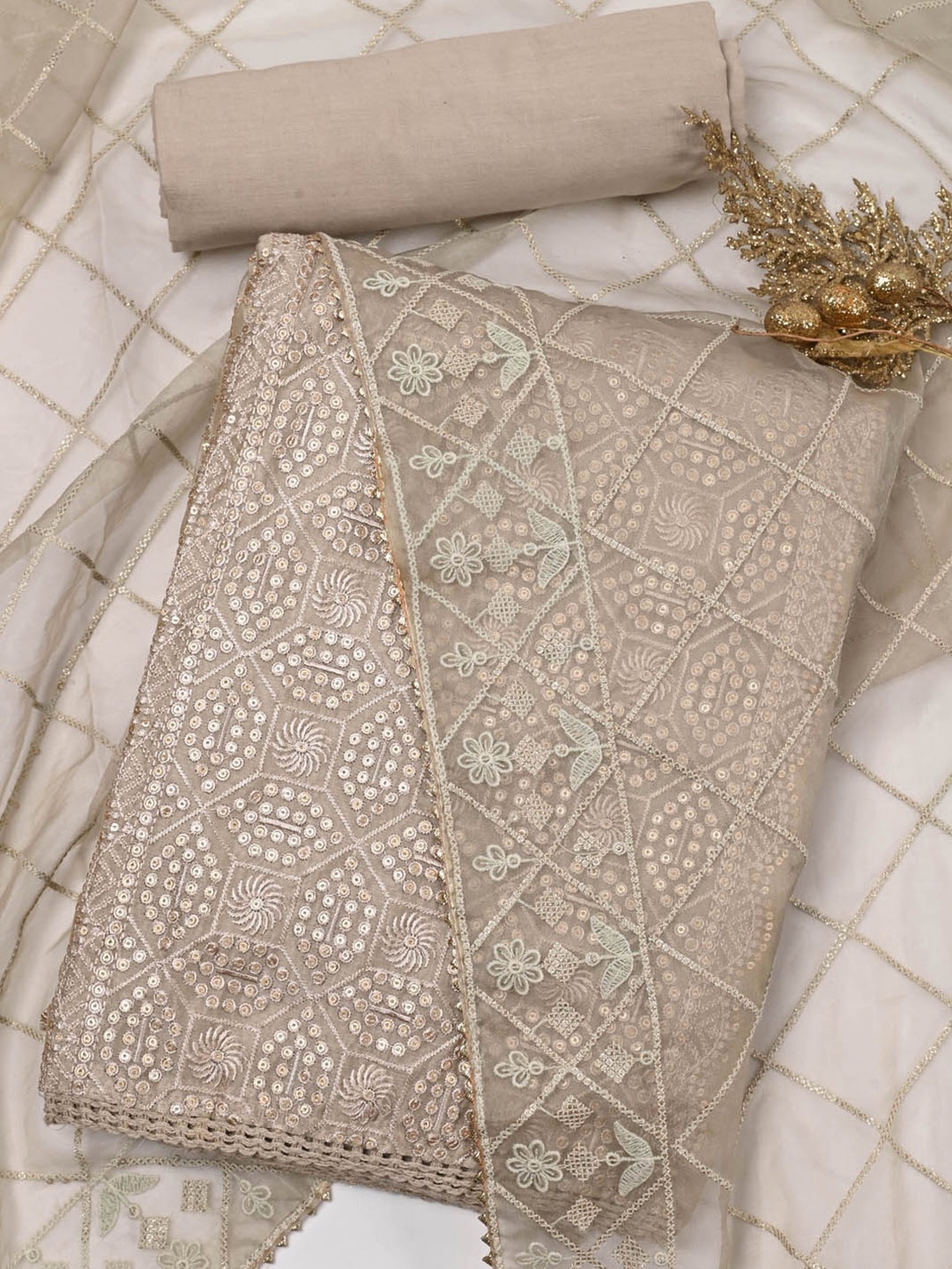 

Meena Bazaar Embroidered Art Silk Unstitched Dress Material, Beige