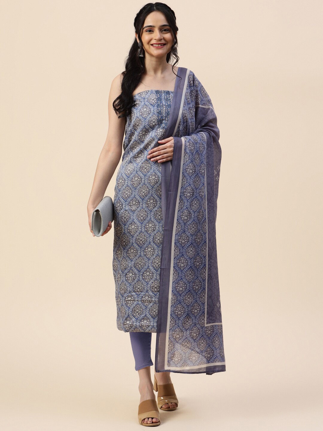 

Meena Bazaar Ethnic Motifs Printed Unstitched Dress Material, Grey