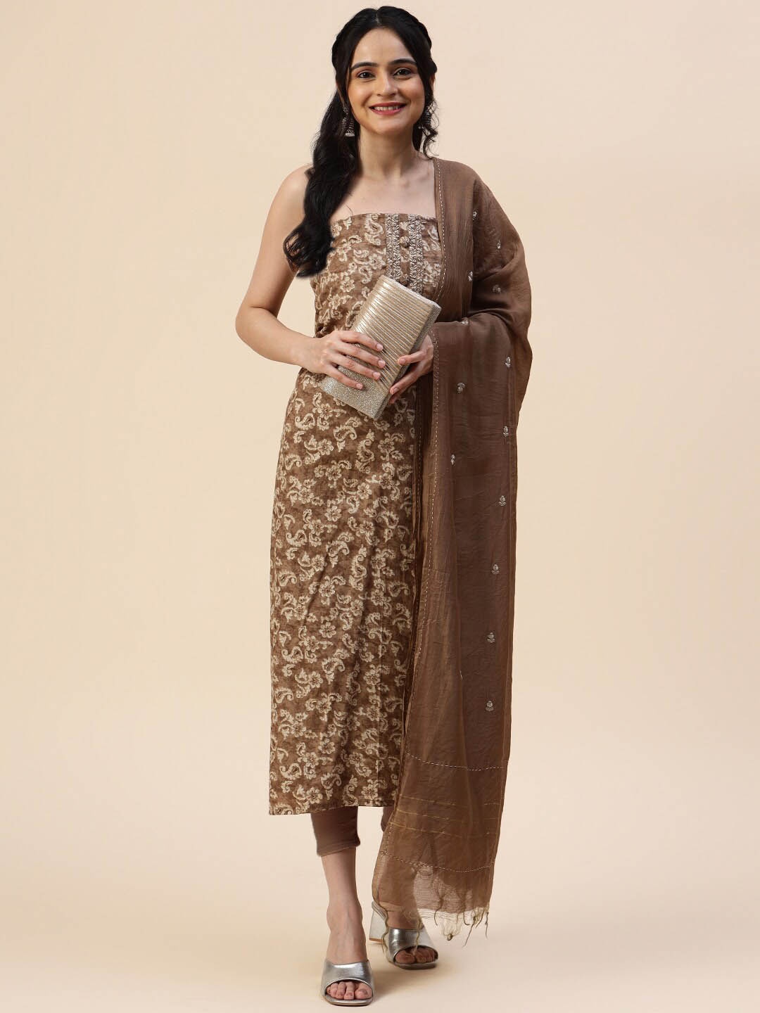 

Meena Bazaar Printed Unstitched Dress Material, Brown
