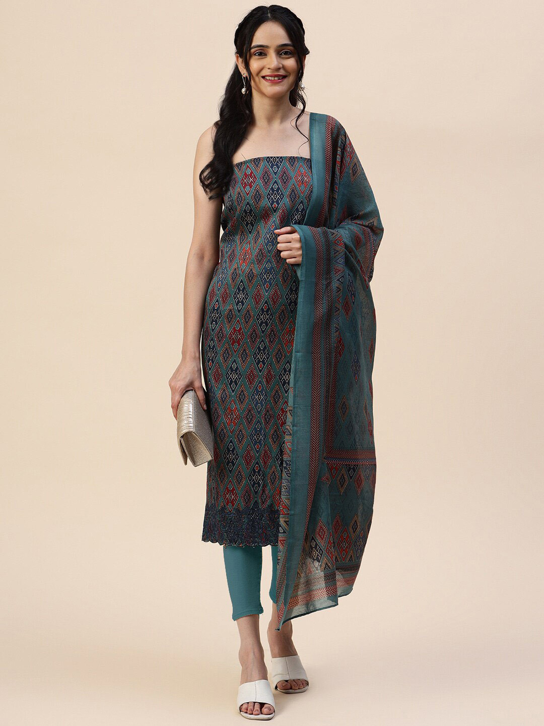 

Meena Bazaar Printed Unstitched Dress Material, Blue