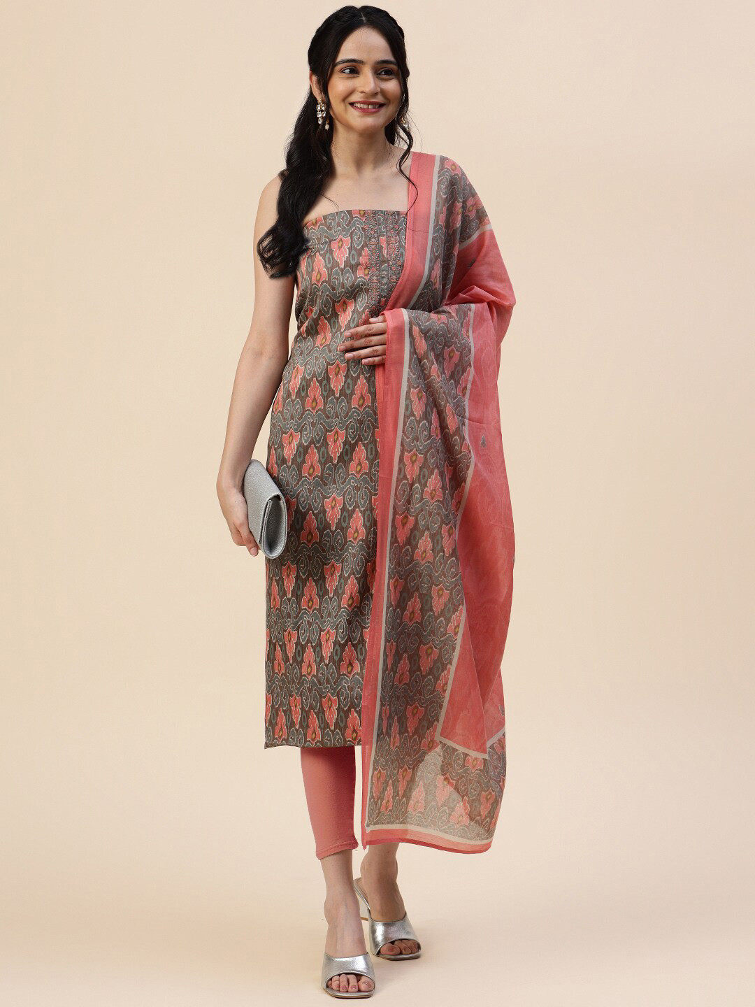

Meena Bazaar Printed Unstitched Dress Material, Grey