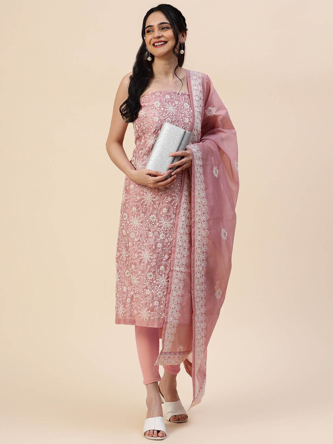 

Meena Bazaar Embroidered Art Silk Unstitched Dress Material, Pink
