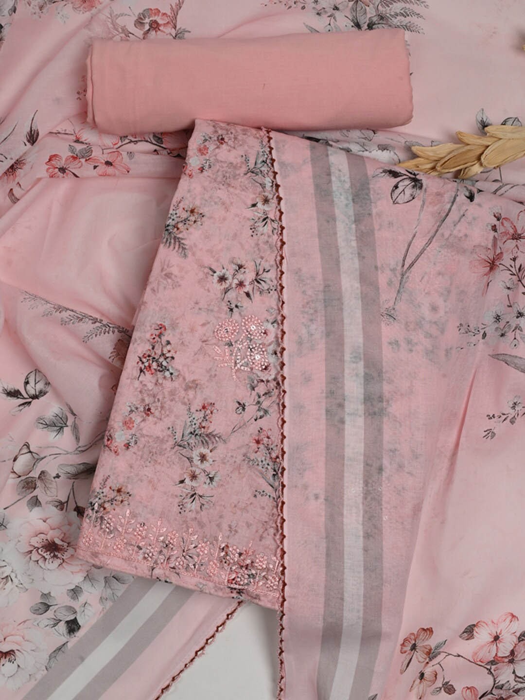 

Meena Bazaar Floral Printed Sequinned Unstitched Dress Material, Pink