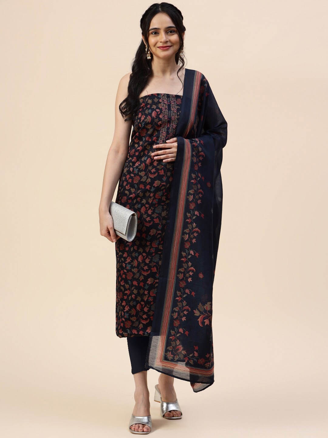 

Meena Bazaar Printed Unstitched Dress Material, Navy blue