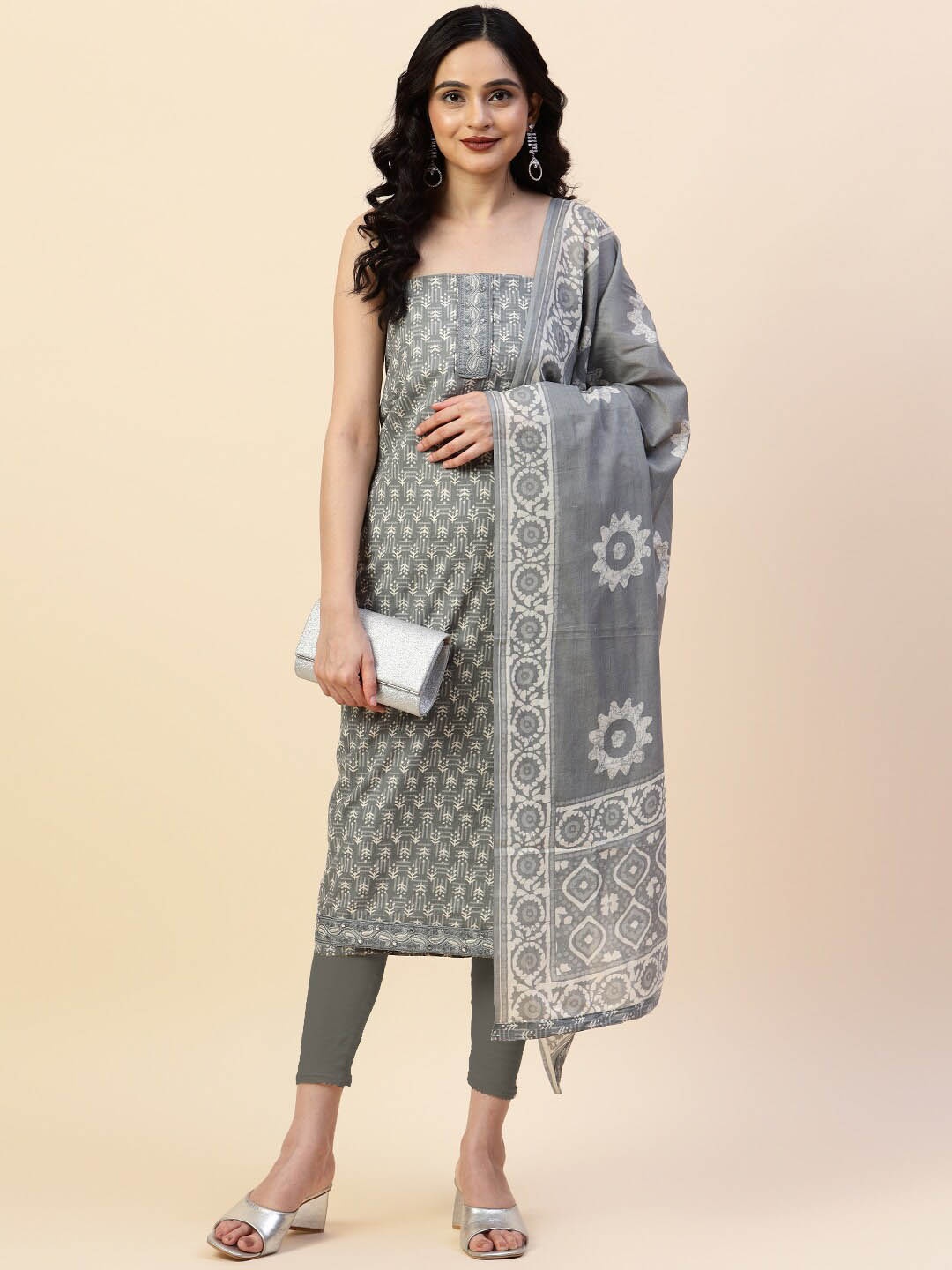 

Meena Bazaar Printed Unstitched Dress Material, Grey