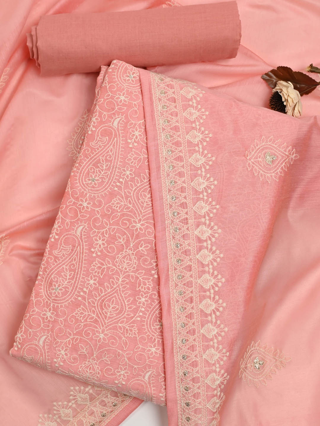 

Meena Bazaar Embroidered Art Silk Unstitched Dress Material, Peach