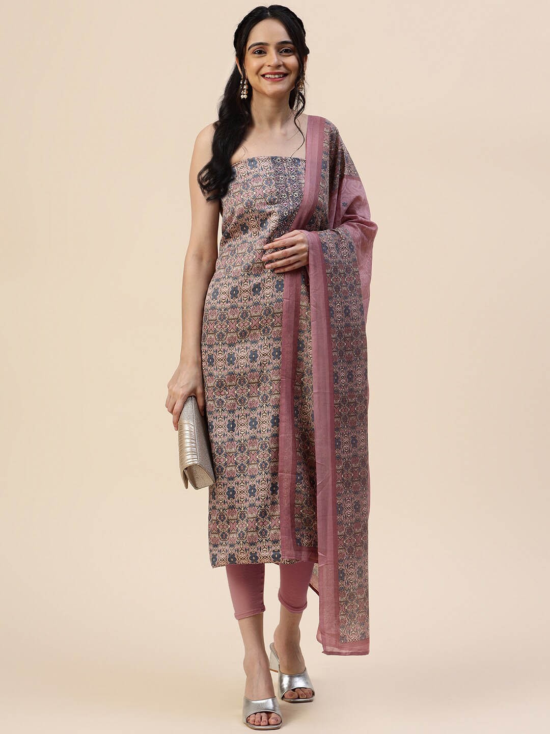 

Meena Bazaar Ethnic Motifs Printed Unstitched Dress Material, Beige