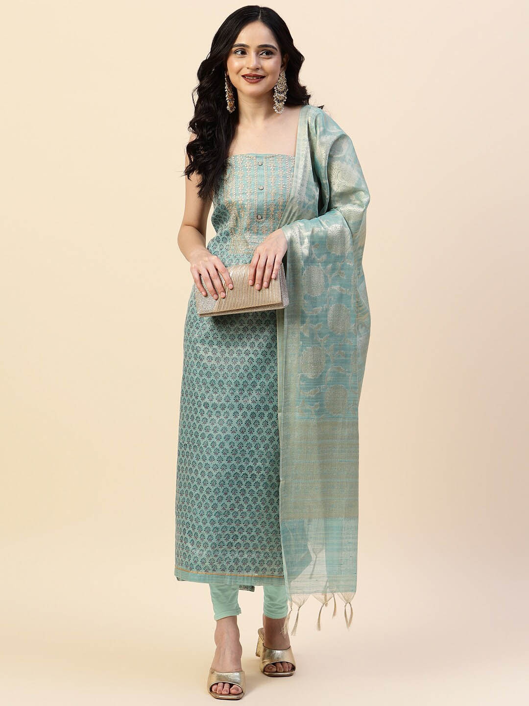 

Meena Bazaar Printed Art Silk Unstitched Dress Material, Sea green